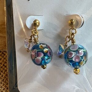 Chic Floral Blue and Gold Drop Earrings